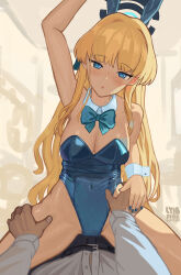 Rule 34 | 1boy, 1girl, :o, absurdres, animal ears, blonde hair, blue archive, blue bow, blue eyes, blue leotard, blue ribbon, blunt bangs, bow, breasts, cleavage, fake animal ears, hair bow, halo, highres, leotard, long hair, looking at viewer, lyib, medium breasts, non-web source, playboy bunny, pov, ribbon, simple background, straddling, toki (blue archive), toki (bunny) (blue archive), wrist cuffs