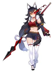 Rule 34 | 1girl, absurdres, adapted costume, animal ears, belt, black hair, choker, detached sleeves, fingerless gloves, fur trim, gloves, glowing, glowing eye, heterochromia, highres, hololive, jewelry, miniskirt, multicolored hair, necklace, ookami mio, polearm, sandals, shaded face, simple background, skirt, solo, spear, streaked hair, tail, tail wrap, tank top, thighhighs, vest, virtual youtuber, weapon, white background, wolf ears, wolf girl, wolf tail, yamabuki7979