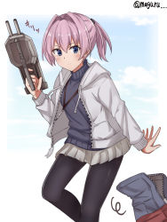 Rule 34 | 1girl, adapted turret, bad id, bad twitter id, bag, black pantyhose, blue eyes, cannon, commentary request, feet out of frame, grey jacket, grey skirt, grey sweater, hair between eyes, hair intakes, highres, jacket, kantai collection, meguru (megurunn), official alternate costume, open clothes, open jacket, pantyhose, pink hair, pleated skirt, ponytail, shiranui (kancolle), short hair, skirt, smile, solo, split mouth, standing, sweater, turret, twitter username
