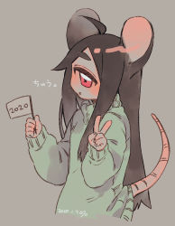 Rule 34 | 1girl, 2020, ahoge, animal ears, black hair, blush, chinese zodiac, cyclops, dated, flag, green sweater, grey background, highres, holding, holding flag, looking at viewer, mouse ears, mouse tail, muku-chan (muroku), muroku (aimichiyo0526), one-eyed, original, parted lips, red eyes, signature, simple background, solo, sweater, tail, tail raised, v, x x, year of the rat