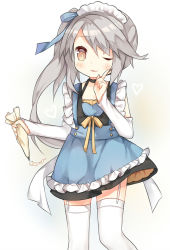 Rule 34 | 1girl, alternate costume, blue dress, blue ribbon, blush, bow, brown eyes, buttons, cowboy shot, detached sleeves, dress, enmaided, flat chest, frilled skirt, frills, garter straps, heart, index finger raised, long hair, looking at viewer, maid, maid headdress, ning hai (warship girls r), one eye closed, parted lips, pastry bag, ribbon, side ponytail, silver hair, simple background, skirt, solo, tengxiang lingnai, thighhighs, warship girls r, white background, white thighhighs, yellow bow, yellow ribbon