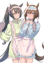 Rule 34 | 2girls, absurdres, alternate costume, animal ears, apron, black hair, blue eyes, blue jacket, blush, brown hair, cheval grand (umamusume), closed mouth, commentary request, cowboy shot, ear ornament, enmaided, frilled apron, frills, green eyes, green jacket, hair between eyes, hair ornament, highres, holding, holding tray, horse ears, horse girl, horse tail, isana615, jacket, jersey maid, long hair, long sleeves, looking at viewer, maid, maid apron, maid headdress, multicolored hair, multiple girls, open mouth, satono crown (umamusume), short hair, simple background, smile, standing, streaked hair, tail, tray, umamusume, unconventional maid, waist apron, white apron, white background, white hair