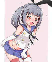 Rule 34 | black panties, clothes pull, collarbone, cosplay, elbow gloves, embarrassed, gloves, highres, kantai collection, kasumi (kancolle), microskirt, nyuudou kajika, open mouth, panties, shimakaze (kancolle), shimakaze (kancolle) (cosplay), side ponytail, silver hair, skirt, skirt pull, solo, striped clothes, striped thighhighs, thighhighs, thong, underwear, yellow eyes