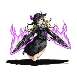 Rule 34 | 10s, 1girl, black hat, black shirt, black skirt, blonde hair, breasts, cleavage, divine gate, entaku no kishi, full body, hat, holding, holding weapon, long hair, looking at viewer, medium breasts, mordred (divine gate), official art, purple eyes, shadow, shirt, skirt, solo, sun hat, transparent background, ucmm, weapon