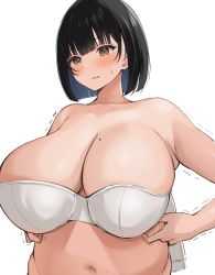 Rule 34 | 1girl, absurdres, belly, black hair, blush, bra, breasts, brown eyes, cleavage, highres, huge breasts, looking down, medium hair, mole, mole on breast, navel, neneneji, open mouth, original, plump, short hair, simple background, solo, trembling, underwear, white background, white bra