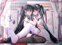 Rule 34 | 2girls, absurdres, apple, azur lane, bad id, bad pixiv id, black hair, black legwear, breast press, breasts, bridal veil, choker, clone, cocktail dress, crossed bangs, drawing (object), dress, evening gown, food, fruit, full body, garter straps, hair between eyes, hair ornament, hair strand, highres, indoors, lace, lace-trimmed legwear, lace trim, large breasts, long dress, long hair, looking at viewer, manjuu (azur lane), moonlgnance, multiple girls, no shoes, official alternate costume, picture frame, plunging neckline, red choker, red dress, red eyes, satin dress, see-through, see-through dress, sitting on animal, sleeveless, sleeveless dress, soles, string, string of fate, symmetrical docking, taihou (azur lane), taihou (forbidden feast) (azur lane), taihou (temptation on the sea breeze) (azur lane), thighhighs, veil, very long hair, wedding dress, white dress