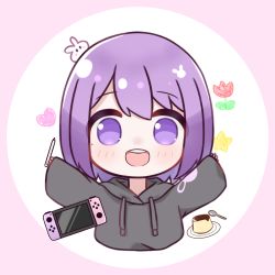 Rule 34 | 1girl, :d, animal, animal on head, black hoodie, chibi, commentary request, cropped torso, drawstring, flower, food, handheld game console, hands up, happy, heart, holding, holding stylus, hood, hood down, hoodie, ixia (ixia424), long sleeves, looking at viewer, medium hair, nintendo switch lite, on head, open mouth, original, pudding, purple background, purple eyes, purple hair, rabbit, red flower, saucer, sleeves past wrists, smile, solo, spoon, star (symbol), stylus, teeth, two-tone background, upper body, upper teeth only, white background