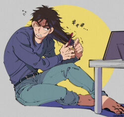 Rule 34 | 1boy, barefoot, belt, black belt, black eyes, black hair, blue pants, brushing hair, clenched teeth, comb, commentary request, facial scar, fingernails, flying sweatdrops, full body, grey background, grey shirt, inudori, itou kaiji, kaiji, long hair, long sleeves, male focus, medium bangs, on floor, one eye closed, pants, parted bangs, photo (object), scar, scar on cheek, scar on face, shirt, sitting, solo, table, teeth, trembling