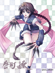 Rule 34 | 1girl, :d, arm warmers, ata129, bare legs, between fingers, black hair, braid, checkered background, highres, holding, kunai, leaning forward, leg up, long hair, looking at viewer, makimachi misao, ninja, open mouth, pink ribbon, ribbon, rurouni kenshin, short sleeves, single braid, smile, solo, standing, standing on one leg, teeth, twitter username, upper teeth only, very long hair, weapon