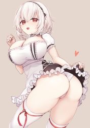 Rule 34 | 1girl, absurdres, ass, azur lane, blush, breasts, cameltoe, cleavage cutout, clothes lift, clothing cutout, come hither, dress, dress lift, from behind, hairband, headdress, heart, highres, huge ass, lace-trimmed hairband, lace trim, large breasts, lifting own clothes, looking at viewer, maid, maid headdress, noko, open mouth, panties, red eyes, shiny skin, short hair, simple background, sirius (azur lane), skirt, skirt hold, skirt lift, smile, solo, thighhighs, underwear, white hair, white thighhighs