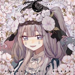 Rule 34 | 1girl, artist request, black shirt, black veil, blunt bangs, bow, bowtie, brown hair, brown hairband, crescent, floral background, flower, flower in eye, frilled shirt, frills, grey bow, grey bowtie, grey eyes, hair flower, hair ornament, hairband, light blush, long hair, looking at viewer, lowres, marking on cheek, one side up, open mouth, original, puffy sleeves, shirt, smile, solo, striped clothes, striped shirt, symbol in eye, teardrop facial mark, third-party source, too many watermarks, two-tone shirt, upper body, veil, vertical-striped clothes, vertical-striped shirt, white bow, white bowtie, white flower, white shirt