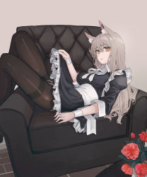 Rule 34 | 1girl, absurdres, animal ear fluff, animal ears, bad id, bad pixiv id, black dress, black pantyhose, breasts, brown background, brown hair, closed mouth, clothes lift, couch, domi (hongsung0819), dress, dress lift, ear piercing, expressionless, feet out of frame, flower, frilled dress, frills, highres, huge filesize, lifting own clothes, maid, medium breasts, on couch, original, panties, panties under pantyhose, pantyhose, piercing, red flower, sash, simple background, slit pupils, solo, table, thighband pantyhose, underwear, white panties, yellow eyes