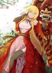 Rule 34 | 1girl, adjusting eyewear, blonde hair, breasts, china dress, chinese clothes, chinese text, colored eyelashes, dragon, dress, eastern dragon, foreshortening, glasses, highres, long hair, medium breasts, original, shiryuu akira, smile, solo, thighhighs, thighs, wide sleeves, yellow eyes