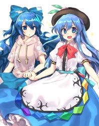 Rule 34 | + +, 2girls, alternate eye color, apron, bad id, bad pixiv id, blue bow, blue eyes, blue hair, blue skirt, blush, bow, cheunes, food, fruit, hair bow, hat, highres, hinanawi tenshi, holding another&#039;s wrist, hood, hood down, hoodie, leaf, long hair, looking at another, looking at viewer, multiple girls, ofuda, open mouth, peach, puffy short sleeves, puffy sleeves, shirt, short sleeves, skirt, sparkle, string, touhou, v-shaped eyebrows, very long hair, waist apron, white shirt, yorigami shion