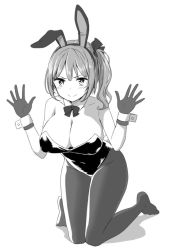 Rule 34 | 1girl, blush, breasts, cleavage, gloves, greyscale, kneeling, large breasts, monochrome, pantyhose, playboy bunny, simple background, solo, white background, zaxwu