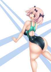 Rule 34 | + +, 10s, 1girl, ass, blue eyes, blush, bow, breasts, competition swimsuit, hair bow, hair ornament, hibari (senran kagura), highres, large breasts, looking at viewer, looking back, one-piece swimsuit, open mouth, pink hair, ponponmaru, senran kagura, short hair, short twintails, smile, swimsuit, symbol-shaped pupils, twintails