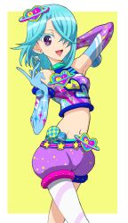 Rule 34 | 1girl, :d, arm up, bare shoulders, blue gloves, blue hair, blue shirt, breasts, commentary request, cowboy shot, cropped shirt, earrings, edamame (buruburu), elbow gloves, gloves, hair ornament, hair over one eye, hand up, heart, heart hair ornament, highres, hojo cosmo, idol clothes, jewelry, long hair, looking at viewer, medium breasts, midriff, open mouth, pantyhose, pretty series, pripara, purple eyes, purple shorts, shirt, short hair, shorts, single leg pantyhose, smile, solo, sparkle, standing, white pantyhose, yellow background