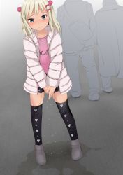 Rule 34 | 1girl, 2boys, between legs, black skirt, black thighhighs, blonde hair, blue eyes, blush, bow, closed mouth, clothes writing, collarbone, dutch angle, embarrassed, flat chest, full body, gokiburi no dashi, gradient background, grecale (kancolle), grey background, grey footwear, hair bobbles, hair bow, hair ornament, hand between legs, heart, heart necklace, heart print, highres, jacket, jewelry, kantai collection, long hair, long sleeves, looking at viewer, miniskirt, multiple boys, necklace, nose blush, own hands together, peeing, peeing self, pink bow, pink shirt, pleated skirt, polka dot, polka dot skirt, print legwear, puddle, shirt, shoes, simple background, skindentation, skirt, solo focus, standing, sweat, tears, thighhighs, v arms, wet, wet clothes, white jacket, zettai ryouiki