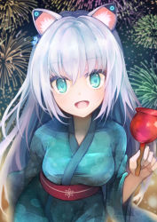 Rule 34 | 1girl, :d, aerial fireworks, animal ears, blue kimono, breasts, candy apple, commentary request, fake animal ears, fireworks, floral print, food, green eyes, hair between eyes, highres, holding, holding food, japanese clothes, kimono, long hair, long sleeves, looking at viewer, medium breasts, obi, open mouth, otogi kyouka, print kimono, sash, silver hair, smile, solo, very long hair, virtual youtuber, vrchat, wide sleeves