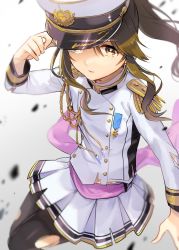 Rule 34 | 10s, 1girl, blurry, brown eyes, brown hair, debris, depth of field, idolmaster, idolmaster cinderella girls, long hair, looking at viewer, looking up, military, military uniform, miniskirt, pantyhose, parted lips, ponytail, seizon honnou valkyria, skirt, solo, takamori aiko, torn clothes, torn pantyhose, tybys50, uniform, white background