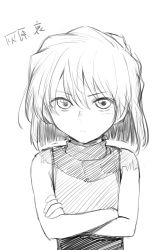 Rule 34 | 1girl, bare arms, bare shoulders, blush, closed mouth, crossed arms, grey background, greyscale, haibara ai, highres, izawa (bhive003), medium hair, meitantei conan, monochrome, simple background, sleeveless, sleeveless sweater, solo, sweater