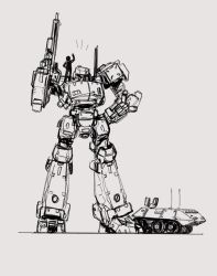Rule 34 | 1other, armored core, armored core 3, grey background, greyscale, gun, hand on own hip, head tilt, highres, holding, holding gun, holding weapon, looking at viewer, mecha, monochrome, one-eyed, radio antenna, robot, science fiction, silhouette, sketch, standing, tyto alba, weapon