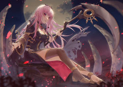 Rule 34 | 1girl, black dress, black nails, breasts, cape, cleavage, detached sleeves, dress, full body, full moon, holding, holding scythe, hololive, hololive english, large breasts, light blush, long hair, looking at viewer, moon, mori calliope, nail polish, parted lips, pink eyes, pink hair, reaching, scythe, see-through, side slit, single thighhigh, sitting, smile, solo, thighhighs, tiara, veil, virtual youtuber, wenz