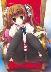 Rule 34 | 1girl, :d, black pantyhose, blue bow, blue bowtie, blush, bow, bowtie, brown hair, chair, crotch seam, dress, feet, green eyes, highres, hisama kumako, hyuga asahi, knees up, legs up, looking at viewer, no shoes, open mouth, original, panties, panties under pantyhose, pantyhose, parted lips, sitting, smile, soles, solo, spread legs, striped clothes, striped panties, throne, toes, tsurime, twintails, underwear