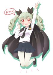 Rule 34 | 1girl, anchovy (girls und panzer), anzio school uniform, arm up, belt, black belt, black cape, black footwear, black necktie, black ribbon, black skirt, cape, dress shirt, drill hair, full body, girls und panzer, green hair, hair ribbon, highres, jumping, legs up, loafers, long hair, long sleeves, looking at viewer, miniskirt, naname yr8, necktie, open mouth, pantyhose, pleated skirt, red eyes, ribbon, school uniform, shirt, shoes, silhouette, simple background, skirt, smile, solo, speech bubble, twin drills, twintails, v, white background, white pantyhose, white shirt, wing collar