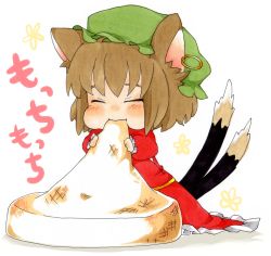 Rule 34 | 1girl, animal ears, bad id, bad pixiv id, brown hair, cat ears, cat girl, cat tail, chen, chibi, earrings, closed eyes, female focus, food, hat, highres, jewelry, kochouran, mochi, multiple tails, skirt, solo, tail, touhou, wagashi, white background