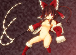 Rule 34 | 1girl, bow, breasts, brown hair, female focus, gohei, hair bow, hakurei reimu, kenmohororo, navel, nipples, nude, open clothes, ponytail, pussy, red eyes, santa costume, small breasts, solo, touhou, uncensored