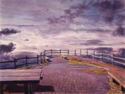 Rule 34 | bench, cliff, cloud, cloudy sky, colored pencil (medium), fence, grass, hagane yama, no humans, original, outdoors, pavement, scenery, shadow, sky, stairs, sunset, traditional media, wooden fence