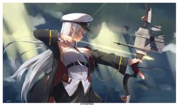 Rule 34 | 1girl, absurdres, aiming, azur lane, bare shoulders, black necktie, border, bow (weapon), breasts, character name, cloud, cloudy sky, coat, compound bow, drawing bow, enterprise (azur lane), from side, hat, highres, holding, holding bow (weapon), holding weapon, large breasts, long hair, looking afar, necktie, outdoors, peaked cap, purple eyes, serious, shirt, silver hair, skirt, sky, sleeveless, sleeveless shirt, solo, very long hair, weapon, yossui
