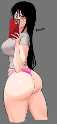 2024 ass black_hair breasts chainsaw_man grey_background highres holding holding_phone huge_ass large_breasts long_hair nakge06 panties phone pink_panties scar scar_on_face selfie shiny_skin shirt simple_background standing thick_thighs thighs underwear yellow_eyes yoru_(chainsaw_man)