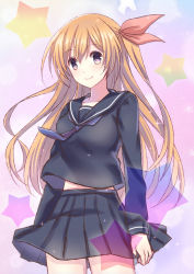 Rule 34 | 1girl, arms at sides, black sailor collar, black shirt, black skirt, blush, breasts, chaos;child, closed mouth, commentary request, cowboy shot, dot nose, hair spread out, high-waist skirt, highres, kurusu nono, light blush, long hair, long sleeves, looking at viewer, medium breasts, miniskirt, neckerchief, necktie, nishijou myu, orange hair, pleated skirt, purple eyes, purple neckwear, sailor collar, school uniform, shirt, skirt, smile, solo, sparkle, standing, star (symbol), very long hair