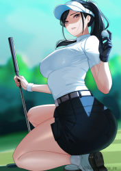 Rule 34 | 1girl, absurdres, ball, belt, black gloves, black hair, black skirt, blouse, breasts, brown eyes, gloves, golf, golf ball, golf club, golf course, highres, holding, holding ball, holding golf club, kagematsuri, kneeling, looking at viewer, medium breasts, miniskirt, mole, mole under eye, on one knee, original, parted lips, ponytail, revision, shirt, shoes, single glove, skirt, sneakers, solo, thighs, visor cap, white shirt