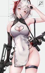 Rule 34 | 1girl, ahoge, antennae, arknights, assault rifle, black gloves, breasts, character name, china dress, chinese clothes, cleavage, cleavage cutout, clothing cutout, covered navel, demon horns, detonator, dress, elbow gloves, gloves, grenade launcher, gun, highres, holding, holding gun, holding weapon, horns, kisaki oni, large breasts, looking at viewer, mk 18 carbine, mouth hold, no panties, pelvic curtain, red eyes, rifle, short hair, silver hair, single elbow glove, skindentation, solo, thigh strap, trigger discipline, w (arknights), weapon, white dress