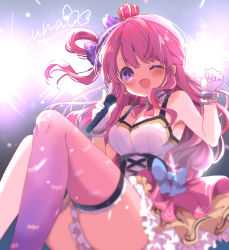 Rule 34 | 1girl, absurdres, armpit peek, bare shoulders, breasts, choker, cleavage, echigo shukura, frilled skirt, frills, gloves, highres, himemori luna, hololive, long hair, medium breasts, microphone, one eye closed, open mouth, skirt, solo, thighhighs, thighs, virtual youtuber, wristband