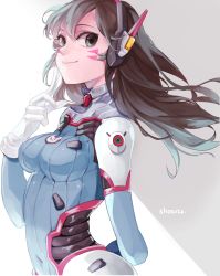 Rule 34 | 1girl, arm behind back, artist name, blue eyes, bodysuit, breasts, brown hair, covered navel, d.va (overwatch), facial mark, finger to face, from side, gloves, headphones, long hair, looking at viewer, medium breasts, overwatch, overwatch 1, shourca, smile, solo, upper body, whisker markings, white gloves