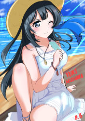 Rule 34 | 1girl, ;), a jet black magician (love live!), absurdres, artist name, artist request, bare legs, bare shoulders, beach, black hair, blue hair, blue sky, blush, bow, breasts, brown hat, cloud, collarbone, crescent, crescent necklace, dark blue hair, day, dress, dress bow, female focus, floating hair, food, grey eyes, hat, highres, holding, holding food, jewelry, knee up, long hair, looking at viewer, love live!, love live! nijigasaki high school idol club, love live! school idol festival, love live! school idol festival all stars, medium breasts, miniskirt, necklace, ocean, one eye closed, outdoors, parted lips, plaid, plaid dress, plaid skirt, pleated, pleated dress, pleated skirt, ponytail, popsicle, sandals, side ponytail, sitting, skirt, sky, smile, solo, sparkle, striped, striped bow, sundress, sunlight, white bow, white dress, white skirt, wink, yuki setsuna (love live!)