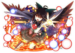 Rule 34 | 1girl, ahoge, asymmetrical footwear, asymmetrical legwear, black hair, black wings, bow, cape, control rod, danmaku, fire, fire, full body, green skirt, hair bow, hakoniwa tsuka, looking at viewer, magic, mismatched footwear, mismatched legwear, lava, open mouth, outstretched arm, ponytail, puffy short sleeves, puffy sleeves, red eyes, reiuji utsuho, short sleeves, simple background, skirt, solo, spread fingers, third eye, touhou, uneven legwear, white background, wings
