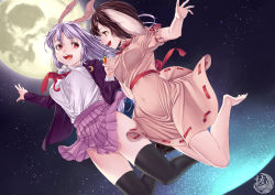Rule 34 | 2girls, animal ears, artist logo, artist name, bare legs, barefoot, black legwear, bouncing breasts, breasts, brown hair, carrot necklace, crescent, crescent pin, dress, dutch angle, full moon, highres, holding hands, inaba tewi, interlocked fingers, jacket, jumping, light purple hair, loafers, long hair, long sleeves, looking at another, md5 mismatch, medium breasts, moon, moonlight, multiple girls, necklace, necktie, night, night sky, nuppa, open clothes, open hand, open jacket, open mouth, orange eyes, outdoors, pink dress, pleated skirt, purple skirt, rabbit ears, red eyes, red neckwear, reisen udongein inaba, revision, ribbon-trimmed dress, ribbon-trimmed skirt, ribbon-trimmed sleeves, ribbon trim, sash, shirt, shirt tucked in, shoes, short hair, short sleeves, skirt, sky, small breasts, star (sky), starry sky, suit jacket, thighhighs, touhou, white shirt