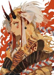 Rule 34 | 1girl, artist name, bell, blonde hair, bodypaint, demon girl, earrings, facial mark, fangs, fate/grand order, fate (series), hair bell, hair ornament, hg0524, hg (pixiv16108795), horns, ibaraki douji (fate), jewelry, jingle bell, long hair, oni, oni horns, pointy ears, profile, rope, shimenawa, simple background, solo, upper body, white background, yellow eyes