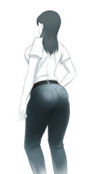 Rule 34 | 1girl, ass, belt, breasts, denim, en&#039;en no shouboutai, from behind, highres, jeans, large breasts, long hair, maki oze, monochrome, pants, short sleeves, solo, tight clothes, tight pants, white background, yisusjpl