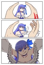 Rule 34 | 1boy, 1girl, bare shoulders, blue one-piece swimsuit, blue ribbon, breasts, collarbone, command spell, fate/extra, fate/extra ccc, fate/grand order, fate (series), female focus, frills, hair ribbon, highres, iriomote, licking lips, long sleeves, meltryllis, meltryllis (fate), meltryllis (swimsuit lancer) (fate), meltryllis (swimsuit lancer) (second ascension) (fate), one-piece swimsuit, pov, purple eyes, purple hair, ribbon, sidelocks, small breasts, solo focus, swimsuit, tongue, tongue out, wide sleeves