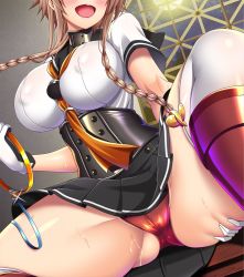 Rule 34 | 1girl, :d, black skirt, blush, boots, braid, breasts, collar, corset, covered erect nipples, glint, gloves, groin, hair ornament, head out of frame, holding, holding collar, indoors, kantai collection, knee boots, knee up, large breasts, light brown hair, long hair, militia minpei, neckerchief, open mouth, panties, pleated skirt, propeller hair ornament, red panties, school uniform, serafuku, shiny clothes, sitting, skirt, smile, solo, spread legs, teruzuki (kancolle), thighs, twin braids, underwear, white legwear, yellow neckerchief