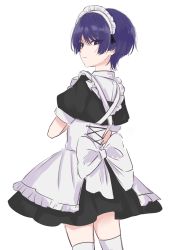 Rule 34 | 1boy, absurdres, alternate costume, apron, genshin impact, highres, ij xcm4o, looking at viewer, maid, maid apron, maid headdress, puffy short sleeves, puffy sleeves, purple eyes, purple hair, scaramouche (genshin impact), short sleeves, white legwear
