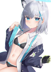 Rule 34 | 1girl, animal ears, black bra, black panties, blazer, blue archive, blue eyes, bra, breasts, cleavage, collarbone, collared shirt, commentary request, cross hair ornament, grey hair, hair between eyes, hair ornament, highres, jacket, long sleeves, looking at viewer, mismatched pupils, navel, necktie, panties, school uniform, shiroko (blue archive), shirt, short hair, sidelocks, simple background, sitting, small breasts, solo, stomach, takeroku, underwear, undressing, white background, wolf ears, wolf girl