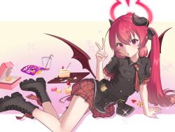 Rule 34 | 1girl, black footwear, black horns, blue archive, boots, cake, candy, commentary, cup, doughnut, drinking straw, english commentary, food, hair ribbon, halo, highres, horns, junko (blue archive), kekek, lollipop, long hair, looking at viewer, macaron, necktie, pointy ears, red hair, red necktie, red skirt, red wings, ribbon, short sleeves, sidelocks, simple background, skirt, solo, sparkle, twintails, v, very long hair, wings