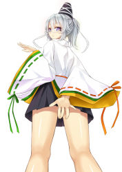 Rule 34 | 1girl, arm up, bespectacled, covering privates, covering crotch, female focus, glasses, hat, japanese clothes, kariginu, long sleeves, looking back, mononobe no futo, nabeshima tetsuhiro, ponytail, purple eyes, shirt, silver hair, skirt, solo, touhou, upskirt